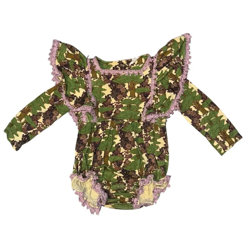 Kate Quinn Floral Forest Bubble Romper Toddler Size 18-24 Mon Ruffle Lace Bamboo